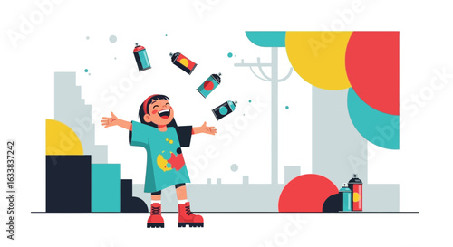 Cheerful Young Graffiti Artist With Spray Cans In Urban Landscape Illustration