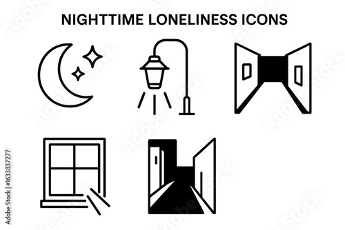 Nighttime Loneliness Icon Set. Vector Outline Symbols of Isolation, Moon and Stars, Street Lamp, Open Door, Window, Empty Corridor, Urban Solitude, Mental Health, Emotional Darkness, Modern Line Art