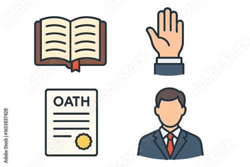 Oath ceremony icons collection. Swearing in, taking oath, open bible, raised right hand, legal document, notary public, official attestation, authority, business suit. Flat vector illustration