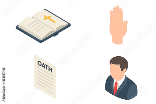 Oath ceremony icons. Isometric vector set with open Bible, raised right hand, oath document, and notary. Swearing in, legal vow, law office, courtroom, justice, official procedure, transparency.