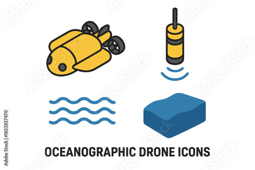 Oceanographic survey drone icons set. Isometric vector illustration. Underwater robot, autonomous marine drone, sonar transmitter, water waves, sea surface, exploration, research equipment