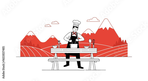 Chef Prepares Meal Outdoors With Mountain View In A Stylized Landscape