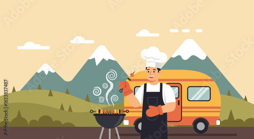 Chef Barbecuing Food By the Camper In a Natural Landscape Outdoors