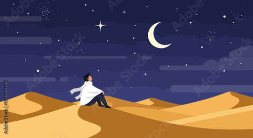 Distant Journey Man Sits On A Sand Dune At Night Gazing At The Moon