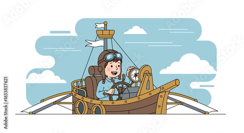 Child Adventurer Pilot Navigating Fantasy Flying Machine Through Blue Sky With Clouds