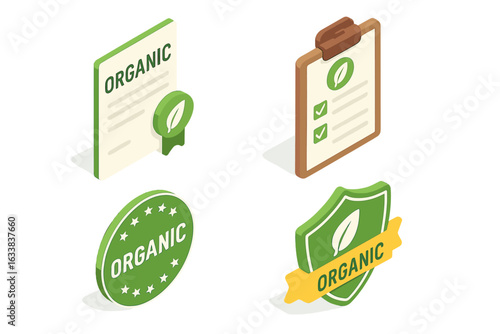 Isometric Organic Certification Vector Icons Set. Organic product certification document, quality assurance clipboard, eco friendly seal, organic badge, green leaf label. Food label design concepts
