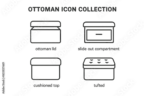 Ottoman storage icon collection. Modern outline vector set of ottoman furniture, storage box illustrations. Ottoman lid, slide-out compartment, cushioned top, tufted seat design. Home decor elements