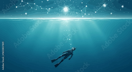 Diver Explores Underwater World As Constellations Gleam Above The Surface