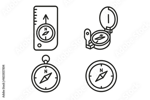 Compass Outline Icon Set. Vector collection of baseplate, lensatic, and magnetic compasses for hiking, trekking, outdoor navigation, adventure travel, map reading, orientation, and exploration.