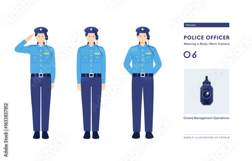 雑踏警備で活用するウェアラブルカメラと女性警官のイラスト ベクター素材のセット