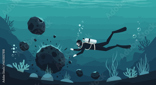 Diver Exploring The Underwater Landscape With Rocks And Coral Reefs Illustration