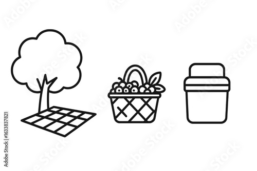 Outline picnic icons set. Picnic blanket under shaded tree, fruit basket, insulated cooler. Outdoor picnic essentials, family leisure, summer park, relaxing day, simple vector line illustration