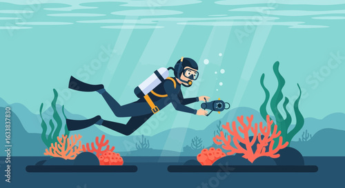 Diver Exploring The Underwater World Capturing Marine Life With His Camera