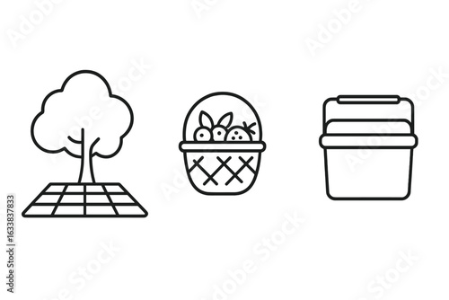 Outline picnic icons set. Shaded picnic spot blanket under tree, fruit basket, insulated cooler. Summer outdoor leisure, nature park meal, family lunch, camping food storage concept vector.