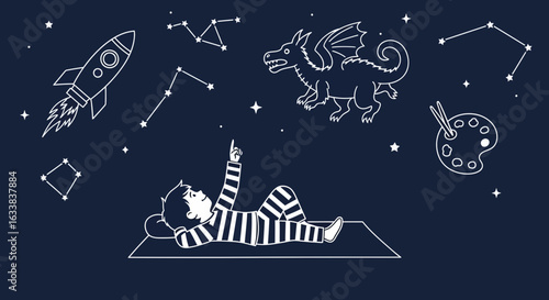 Child Dreamer Contemplates Night Sky With Dragon And Rocket In Outer Space Theme