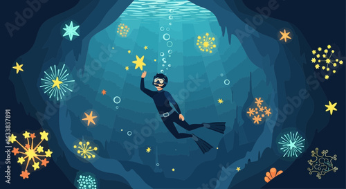 Diver In Underwater Cave Reaching For Stars A Magical Deep Sea Adventure