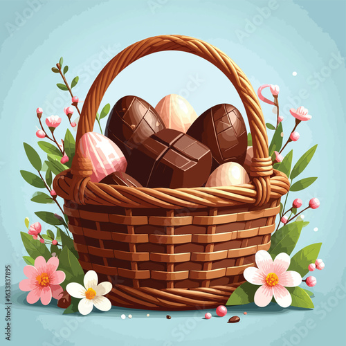 A woven basket filled with chocolate Easter eggs, surrounded by flowers and greenery.
