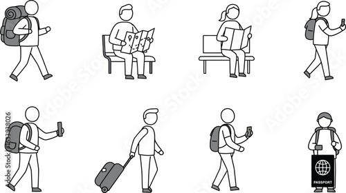 Collection of stylized figures engaged in travel activities with luggage and maps traveler journey