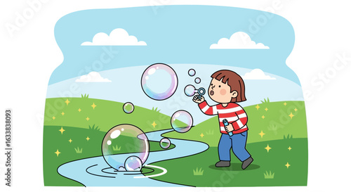 Child Enjoying Outdoor Fun Blowing Bubbles In Sunny Meadow Illustration