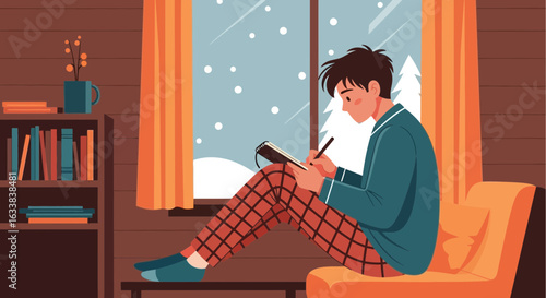 Cozy Winter Morning: Man Writing In A Notebook By The Snowy Window At Home