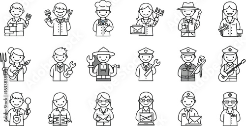 Diverse professions represented by line art icons of people with tools and symbols career occupation
