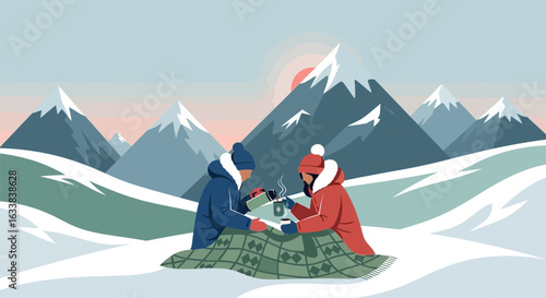 Cozy Winter Scene With Couple Drinking Hot Tea In Snowy Mountain Landscape