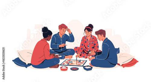 Diverse Friends Enjoying Cozy Pajama Party With A Fun Board Game