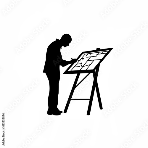 Urban planner analyzing city map with pen on drafting table silhouette