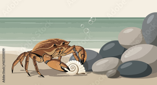 Crab On A Sandy Beach With Shell And Smooth Rocks Cartoon Illustration
