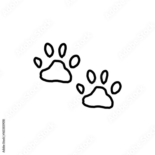 Doodle cat paw prints icon, naive child drawing style. International Cat Day and World Cat Day	