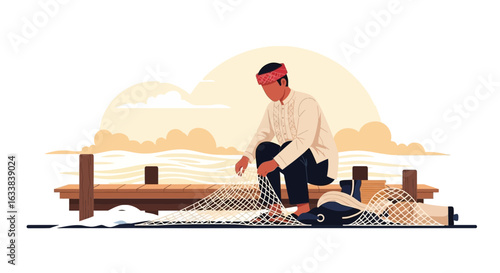 Craftsman Mending Nets On Wooden Pier Against Idyllic Seaside Backdrop