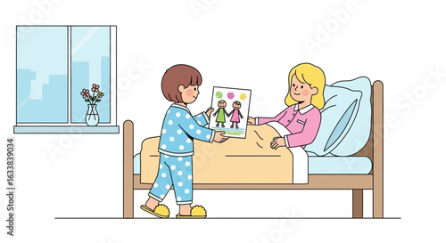 Child Showing Drawing To Mother In Bed Depicting Family Love