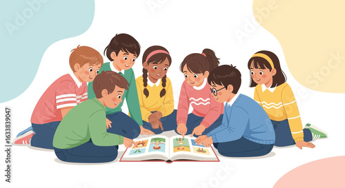 Diverse Group Of Cheerful Children Exploring Pictures In An Open Book Together