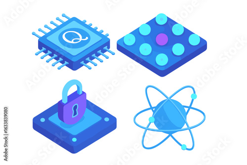 Isometric Quantum Cybersecurity Icons Set with Quantum Processor Chip, Qubit Array, and Computing Elements, Flat Vector Illustration for Technology and Security Concepts