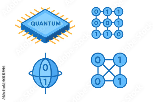 Quantum Computing Cybersecurity Icons Set. Isometric Vector Illustration of Quantum Processor Chip, Qubit, Binary Code Grid, Quantum Entanglement, Cryptography Elements for Technology Concepts