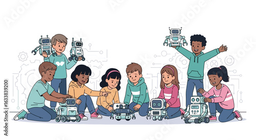 Diverse Group Of Kids Learning About Robotics And Programming Robots