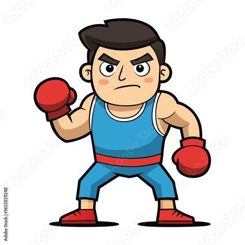 A tough cartoon man in a boxing pose with gloves on, representing sports, strength, and determination.
