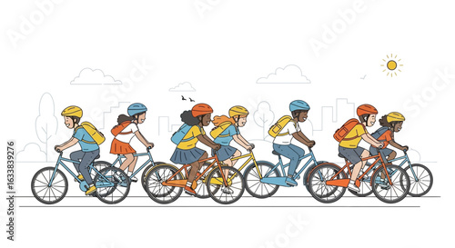 Diverse Group Of School Children Biking To School Through The City On A Sunny Day