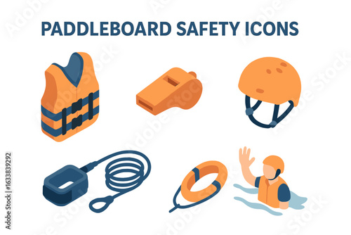 Paddleboard safety equipment isometric icons set. Life jacket, safety whistle, helmet, ankle leash, rescue buoy, swimmer in vest. Paddleboarding gear essentials, flat vector illustration.
