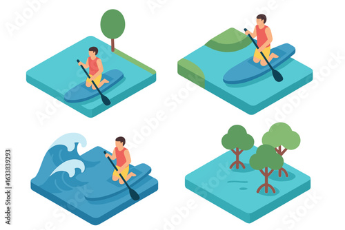 Paddleboarding isometric vector set. Stand up paddle boarding fitness icons. SUP athlete, river, ocean, mangrove adventure, leisure sport, exercise, outdoor water activity benefits, nature landscape