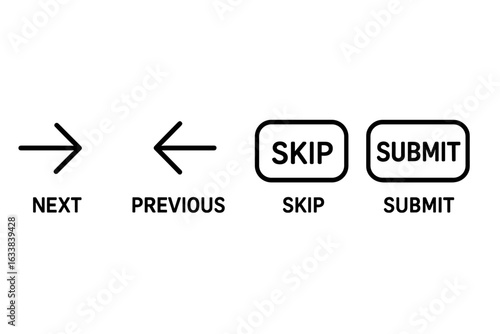 Quiz navigation interface outline icons set. Vector arrows for next and previous page. Skip and submit buttons. User interface control icons for online test, survey, web app. Minimalist line design.