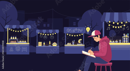 Creative Artist Sketching At A Vibrant Night Market Scene With Food Stalls
