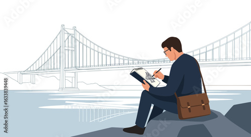 Creative Artist Sketching Bridge Outdoors Inspiring Cityscape Drawing Design Concept