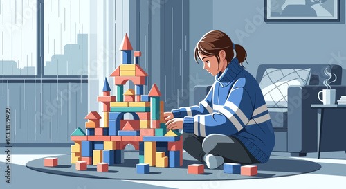 Childhood Imagination A Girl Builds a Tower Out of Colorful Wooden Blocks