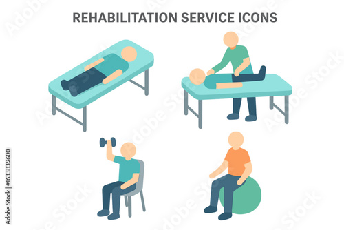 Rehabilitation Service Icons Set. Isometric Vector of Physical Therapy, Physiotherapy, Occupational Therapy, Exercise Therapy on Table, Gym Ball, and Chair. Patient Recovery, Medical Treatment Concept