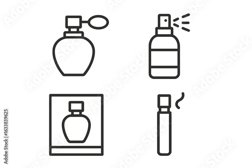 Perfume icon set. Outline vector set of fragrance and perfume display. Perfume bottle with atomizer, spray sprayer, fragrance box, scent tester, sample vial. Cosmetics branding, beauty shop.