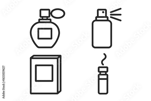 Perfume outline icon set of 4. Vector illustration of fragrance and perfume display, vintage perfume bottle, tester spray, packaging box, aroma sample vial. Scent, cosmetic, beauty, elegance.