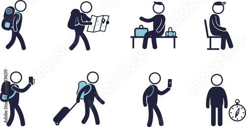 Stick figure traveler poses with luggage map phone and compass icon person