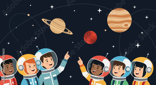 Children Astronauts Discovering Planets In Space Cartoon Illustration Vector