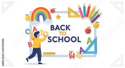 Creative Back To School Illustration With Rainbow And Colorful Education Objects